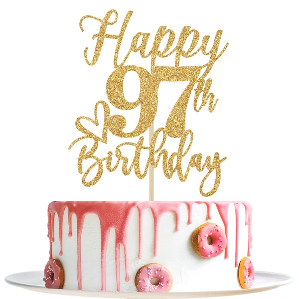 Happy 97th Birthday Cake Topper, 97th Birthday Decorations for Men/Women, Cheers to 97 Years, 97 Fabulous, 97th Happy Birthday Party Supplies Gold Glitter