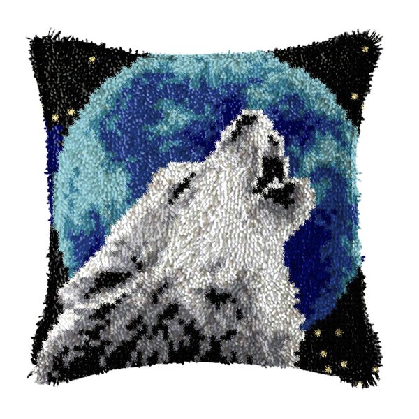 LAPATAIN Latch Hook Kits for DIY Throw Pillow Cover,Needlework Cushion Cover Hand Craft Crochet for Great Family 17X17inch Wolf(Moon)