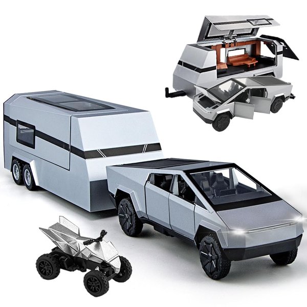 Pickup Trailer RV Model, Metal Pick-Up Truck Trailer Toy with Motorcycle, Toy Truck with Sound/Light/Pull Back/Realistic Interior Exterior,Ideal Toy Car Vehicle Gifts (1/24 Silver Pickup Trailer RV)