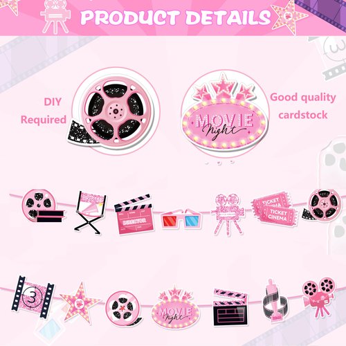 2pcs Pink Movie Night Party Garland – Easy-to-Assemble Popcorn, Camera & Film Themed Banners for Girls’ Birthdays, Baby Showers & Theater-Themed Celebrations