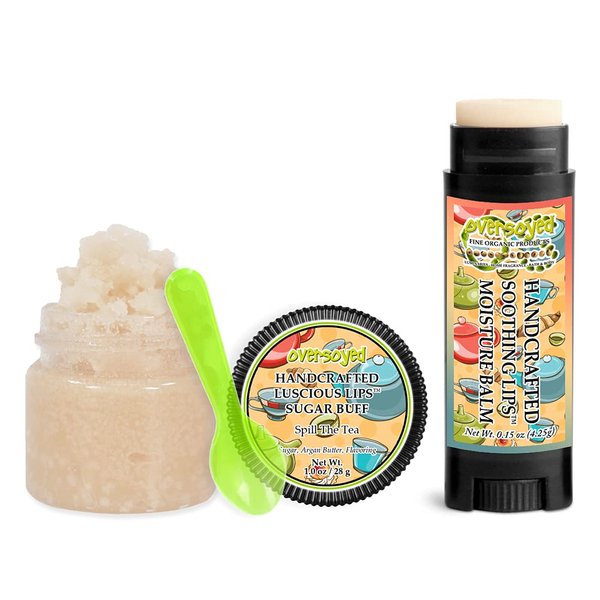 Spill The Tea Soothing & Luscious Lips by OverSoyed Exfoliator & Chapped Lip Repair Lip Care Combo | Artisan Handcrafted to Order Sweet Honey Fresh Tea Flavored Exfoliating Sugar Lip Scrub & Lip Moisturizer Balm Gift Set