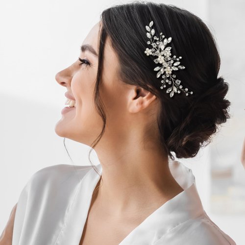 SWEETV Wedding Hair Comb Pearl Bride Hair Pins Flower Hair Piece Rhinestone Bridal Hair Accessories for Women and Girls