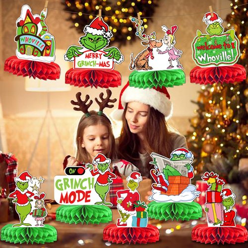 9pcs Christmas Table Decorations,Whoville Christmas Decorations Christmas Honeycomb Centerpieces Christmas Birthday Party Decorations Green Monster Theme Decorations Christmas Party Supplies