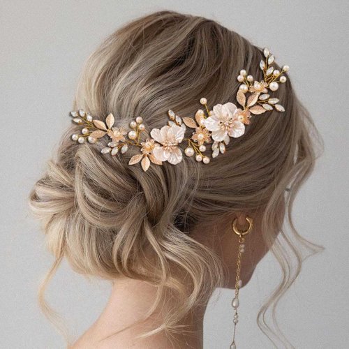 JONKY Wedding Flower Hair Vine Leaf Gold Bridal Headband Bride Pearl Hair Band Crystal Headpiece for Women and Girls