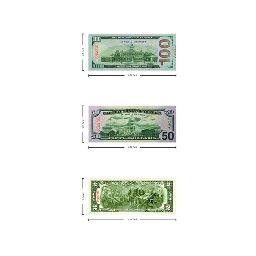 Custom Toys & Hobbies 10 Pieces Miniature Play Money 100, 50, 2 - 2-Sided Full Print Scale Model Copy Money for Doll House, Diorama, Tiny Cash Register Toy, and Kids Pretend Play - 0.5 x 1.2