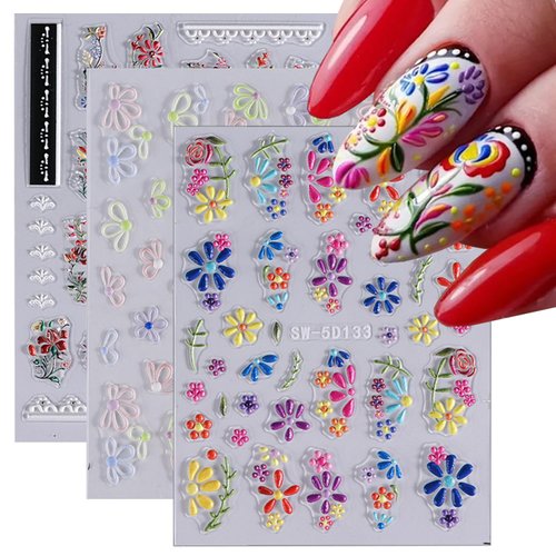 Generic 5D Flower Nail Stickers for Nail Art Self-Adhesive Daisies Design Nail Decals Personalized yellow blue white Flowers Nail Art Stickers Nail Stickers for Women DIY Manicure Tip 3 Sheets