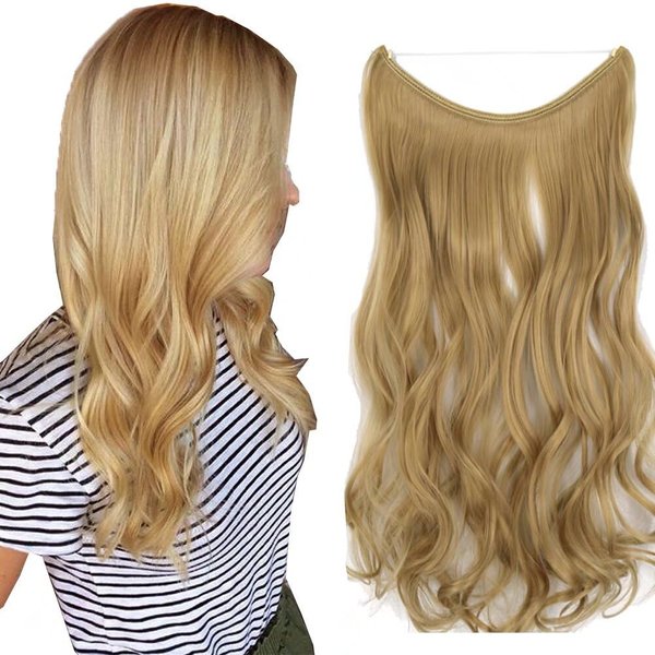 iLUU Hair 18-Inch Synthetic Heat Resistent Fiber Wavy Hair Extensions, 80 Grams, 22- Medium Blonde, Invisible String Hairpiece Hidden Fish Line Wire Curly Hair Extensions for Women