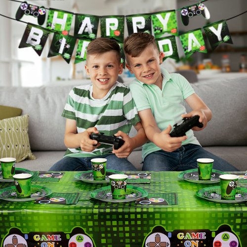 WERNNSAI Video Game Table Covers - 108''x 54'' Disposable Printed Plastic Tablecloth, Party Supplies for Kids Player Geek Game Themed Party Decoration