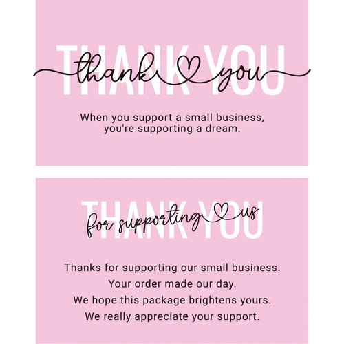 ITZAMNA Thank you for supporting my small business Cards Customer appreciation card Pink Script with Heart Pack of 100