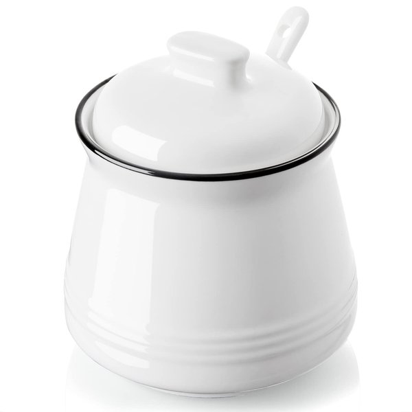 DAYYET Sugar Bowl with Lid and Spoon, 12 oz Ceramic Sugar Bowl with Spoon, Sugar Container for Coffee Bar, Sugar Jar Sugar Dispenser Bowl, Modern Kitchen Decor, White