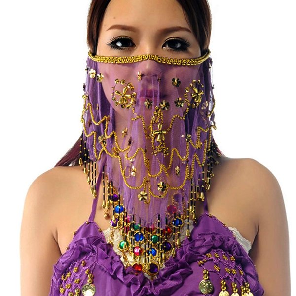 Baisdan Face Veils Belly Dance Costumes Mesh Face Veil with Beaded Halloween Crazy dance Costume Accessory (One Size, Purple)