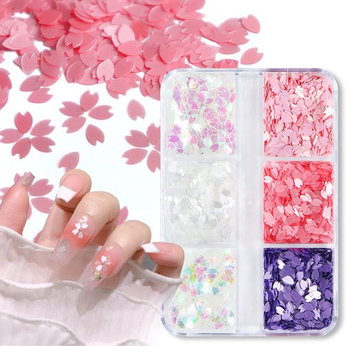 6 Colors Flowers Nail Art Glitter Sequins Cherry Blossoms Nails Accessories 3D Holographic Sakura Petal Nail Glitter Flakes Design Acrylic Nail Art Supplies for Women Girls Summer Nail Decoration