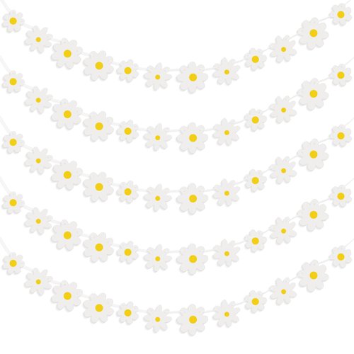 Henoyso 5 Packs Daisy Groovy Boho Party Banners, Daisy Garland Kit Daisy Hanging Swirl Daisy Paper Cutouts White Daisy Party Decorations for Home Classroom Shower Birthday Party Favor Supplies