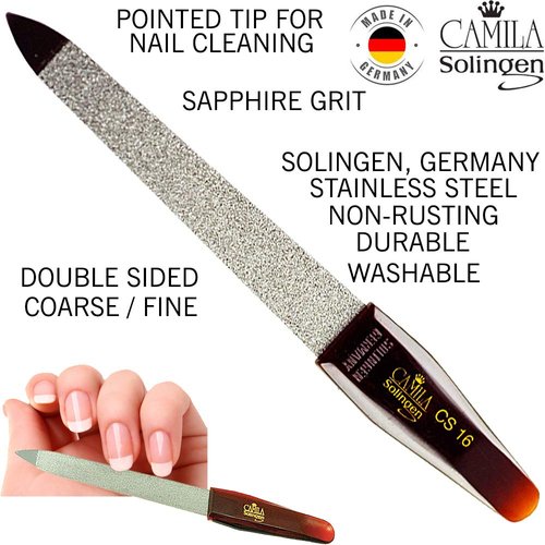 Camila Solingen CS17 5" Professional Sapphire Metal Nail File Pointed for Fingernail and Toenail Care. Double Sided Coarse Fine for Manicure/Pedicure. Made of Stainless Steel, Solingen Germany