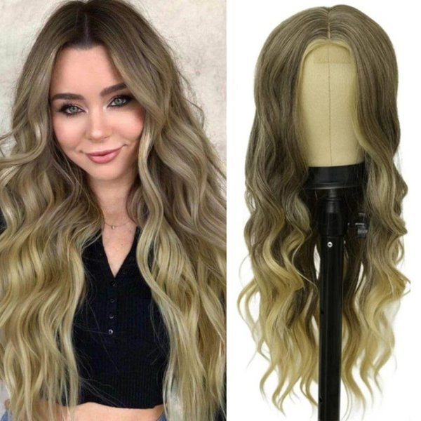 Siudus Blonde Long Curly Wavy Wigs for Women Mix Brown Middle Part Lace Front Synthetic Fiber Natural Looking Hair Wig Cosplay Halloween Costume Wig(Brown Ombre Blonde)