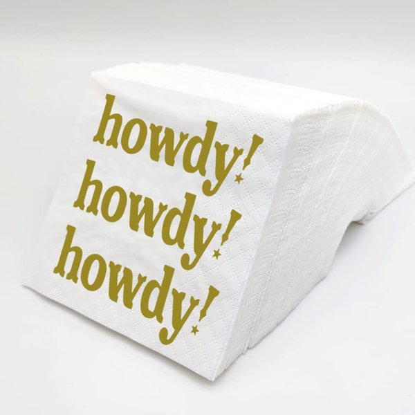 SharkBliss Howdy Cocktail Napkins, 100 Pack Howdy Howdy Howdy Paper Cocktail Napkins for Western Cowgirl Disco Last Rodeo Nashville Bachelorette Bridal Shower Table Decor | 2-Ply, 5x5" (Howdy Gold)