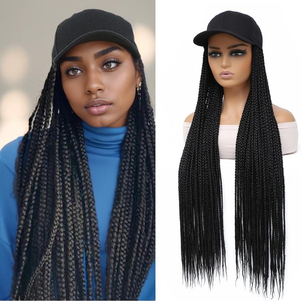 Refined hair Baseball Wig Cap With 3X Box Braids Hair 30 Inch Long Synthetic Box Braiding Hair Extension Adjustable Wig Hat For Women Girls (1B, 30 Inch)