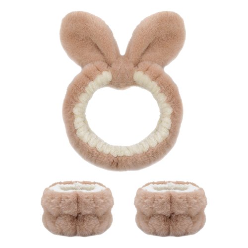 Face Wash Headband and Wristband Set | Spa Headband and Wristband Set Combination | Essential Beauty Routine Accessory | Bunny Ears Headband | 3-Piece Set | Coral Fleece | For Women and Girls