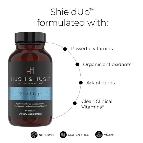 Hush & Hush ShieldUp - Immune Booster Energy Supplement - Brain Booster - Vitamin C, Maca Root, Turmeric and Organic Matcha Leaf Extract - Vegan, Gluten Free - 60 Capsules