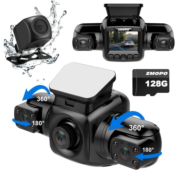 ZMOPO Dash Cam 4 Channel Front and Rear Inside Left Right FHD 1080P Dash Camera for Cars, Built-in WiFi, Free 128GB Card