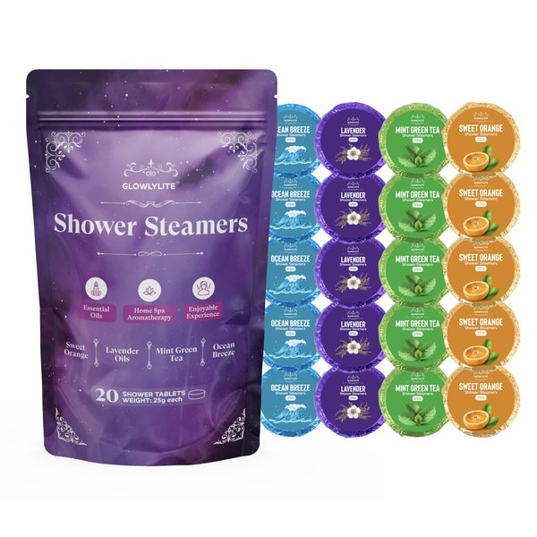 Glowlylite Shower Steamers Aromatherapy - 20 Packs Shower Bombs Essential Oils for Home Spa Bath, Self Care, Stress Relief (Purple)