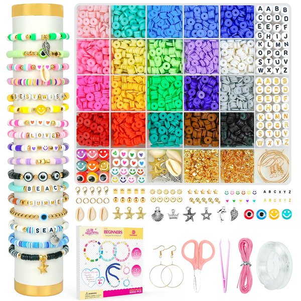 Dowsabel 5000 Pcs Clay Beads Bracelet Making Kit for Beginner, Heishi Flat Preppy Polymer Clay Beads with Charms Kit for Jewelry Making, DIY Arts and Crafts Birthday Gifts Toys for Kids Age 6-12