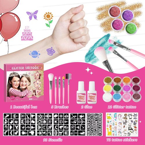 Temporary Glitter Tattoo Kit for Kid,12 Color Glitter Tattoos,92 Stencils, 4 Sheets Temporary Tattoos,2 Glues,5 Brushes, Adults & Kids Arts Glitter Make Up Kit,Beautiful Holiday Gifts for Girls&Boys.