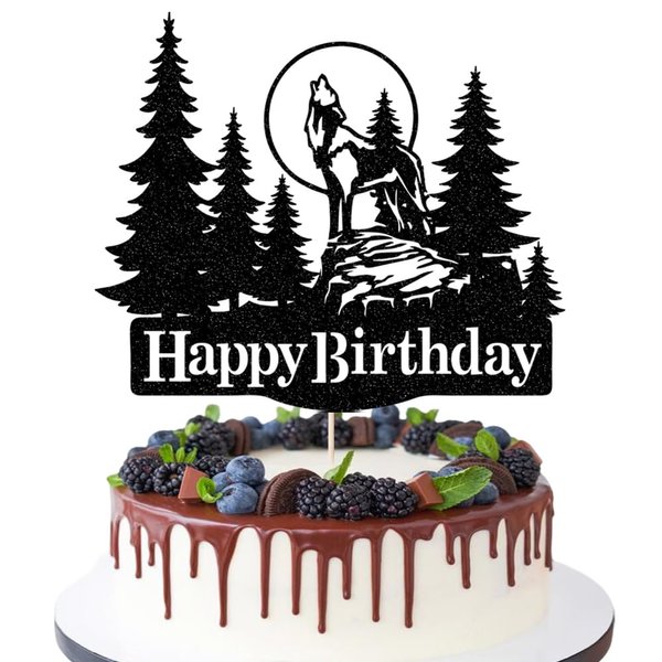 Sleyberoy Wolf Happy Birthday Cake Topper - Timberwolf Glitter Full Moon Cake Topper - Jungle Wild Animal theme Party Decor Supplies (wolf)