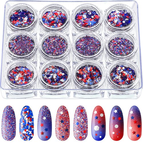 12 Boxes Independence Day Nail Glitter 4th of July Nail Art Star Sequins Holographic Red Blue Silver Mixed Star Hexagon Circles Nail Sequins Confetti 3D Nail Art for Women Girls Makeup Nail Decoration