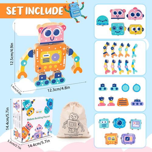 HAPGFS Wooden Robot Snap-Together Building Blocks, STEM Take Apart Toys Playset for Toddlers 3 4 5 6, 28 Psc Montessori Educational Fine Motor Skills Toys for Boys & Girls Birthday Gift