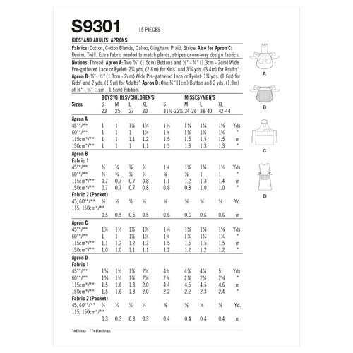 Simplicity Kids' and Adult's Half and Full Apron Packet, Code 9301 Sewing Pattern, Sizes S-XL, White