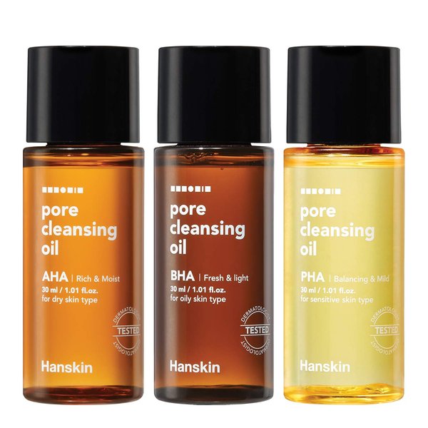 Hanskin PHA/BHA/AHA Pore Cleansing Oil, Sample Trial Size, Travel Size Mini Makeup Remover Set, Gentle Blackhead Cleanser for Sensitive, Combination, Oily and Dry Skin [30 ml/Pack of 3]