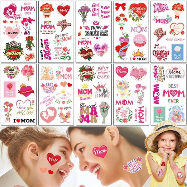 Temporary Tattoo For Mother's Day Decorations Flower Fake Tattoos Love Mom Rose Decals for Adult and Kids Hand Arm Face Body Art Decor Stickers