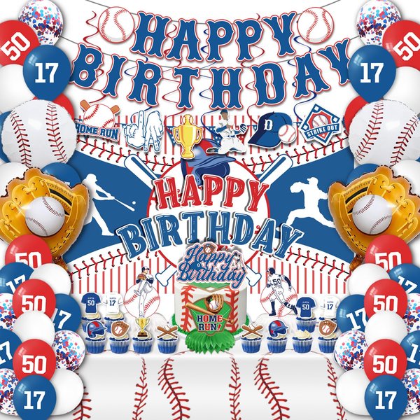 Baseball Party Decorations, Baseball Birthday Party Supplies Kit，Include Backdrop, Happy Birthday Banners, Tabelcloth, Baseball Balloons, Cake&Cupcake Toppers for Baseball Birthday & Celebrations