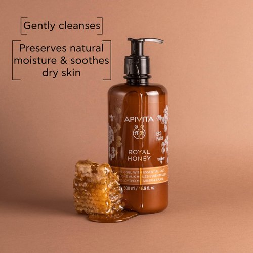 Apivita Royal Honey Showel Gel with Essential Oils, Creamy Moisturizing Body Wash Infused with Thyme Honey & Propolis Extract, Nourishing Cleanser Soothes Irritation and Hydrates, 16.9 Fl Oz