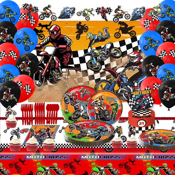 Heidaman Dirt Bike Party Decorations，Dirt Bike Birthday Decorations For Boys，Motorcycle Birthday Decorations,Set Included Banner Backdrop Tablecloth Balloon Cake Toppers Cupcake Toppers 7 "Plate 9"