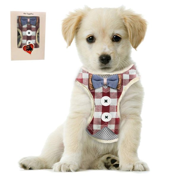 Bark Lover Small Puppy Harness with Bowtie, Adjustable Dog Vest Mesh Tuxedo Harness for Small Dog Kitten, Perfect for Party Wedding Holiday(M, Red Plaid)