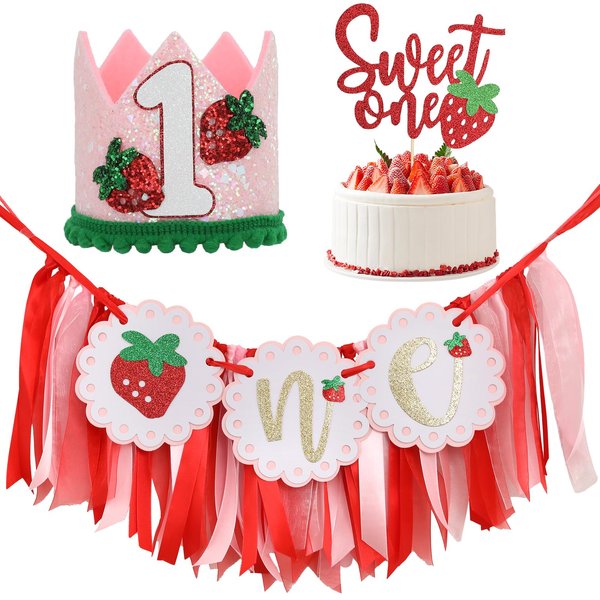 Strawberry First Party Decorations Highchair Banner 1st Crown One Cake Topper Sweet One Birthday Party Supplies