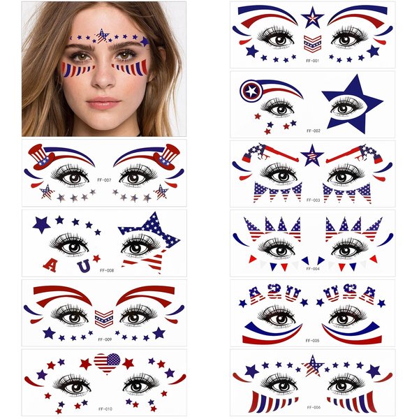 HOWAF 4th of July Face Tattoo Stickers,10Pcs USA Independence Day Facial Makeup Sticker Face Eye Tattoos Patriotic Fake Tattoos Supplies Waterproof Red White and Blue Party Tattoo Stickers USA America Flag Sticker Holiday Fake Tattoos