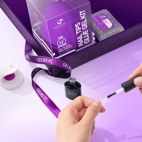 Gelike EC Gel X Nail Kit - 240PCS Short Coffin Nail Tips, 6 in 1 UV Gel Nail Glue and Mini UV Lamp with Gift Package