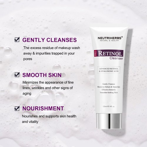 Neutriherbs PRO Retinol Face Wash, Daily Facial Cleanser for Anti-Aging, Nourishing, & Moisturizing with Amino Acid Foam, Hyaluronic Acid, and Vitamin E – 4 fl. oz.