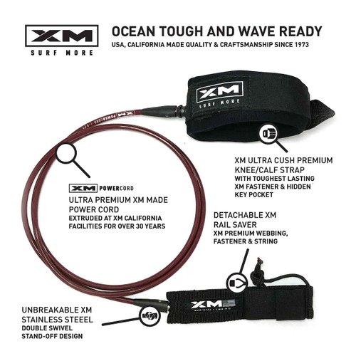 XM SURF MORE Knee/Calf Surfboard Leash 10ft., Big Wave Cord Thickness (.313 in.), Choose Length and Color, Key Pocket, Unbreakable Swivels, Detachable Railsaver, Made in USA