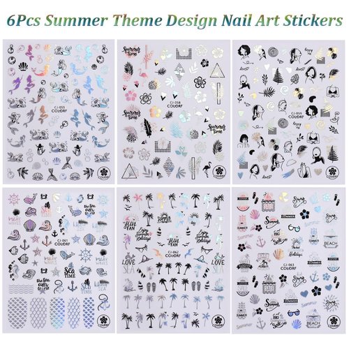 6 Pcs Summer Fun Nail Stickers Decals - SHANRUN Palm Tree Nail Art Stickers Nail Stickers for Nail Art Laser Starfish Beach Tropical Coconut Tree Design Manicure Sliders for Women Nail Art Decorations