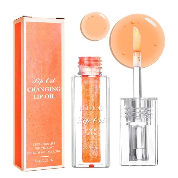 Tiejdhr Magic Color Changing Lip Oil, Warm Change Lip Gloss, Nourishing Lip Glow Oil Upgraded Big Brush Head Moisturizing Lip Oil Long Lasting & Non-Sticky Primer Lip Tint (Orange)