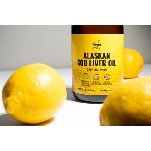 On Target Living Alaskan Cod Liver Oil Liquid | Organic Lemon Flavor 16.67 oz | Line Caught in The USA | Naturally Occurring Vitamin D | Rich in Omega 3 DHA/EPA | Non-GMO Project Certified |