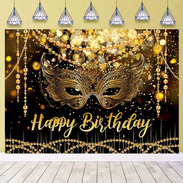 Masquerade Mardi Gras Backdrop for Happy Birthday Black Gold Glitter Mask Party Decorations Supplies Banner Masquerade Theme Carnival Dancing Party Photography Background (8X6FT(94X70inch))