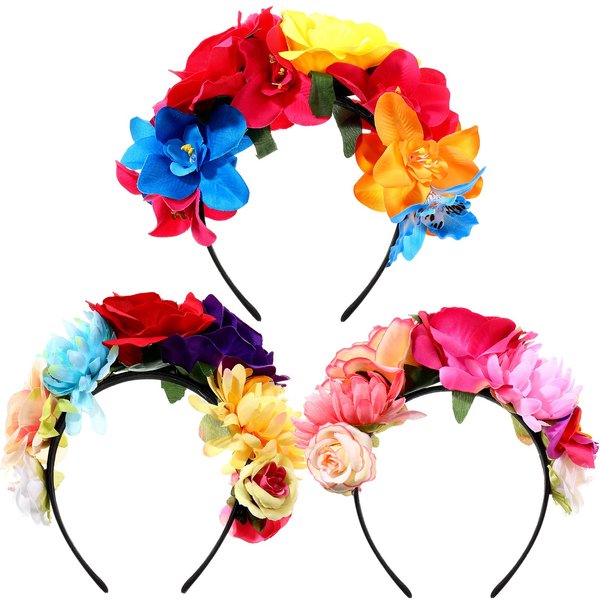WILLBOND 3 Pcs Mexican Rose Flower Crown Headband Easter Mardi Gras Headpiece Cosplay Headgear for Party (Fresh Colors)