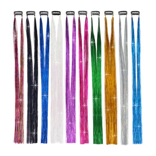 Hair Tinsel Clip Kit Heat Resistant Hair Tinsel with Hair Snap Clip Shiny Fairy Hair for Hair Extensions（10 Colors)