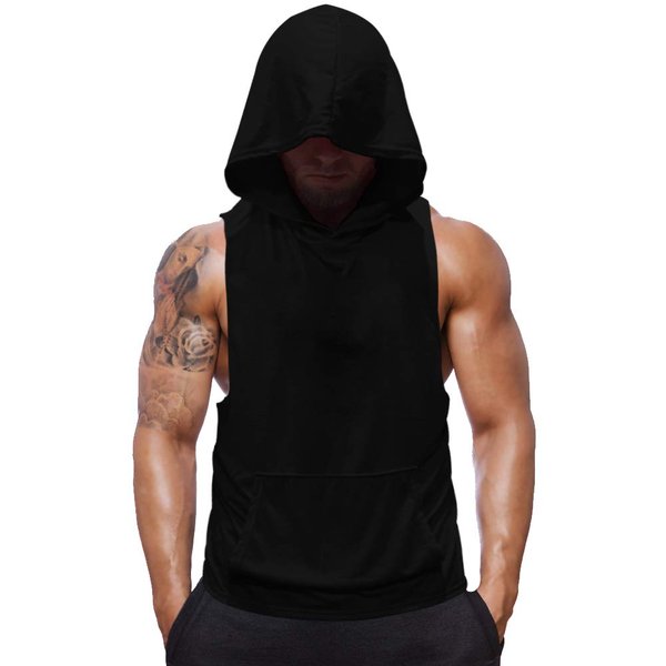 SZKANI Mens Sleeveless Hoodie Fitness Vest Bodybuilding Stringers Workout Tank Tops(1#Black(no Skull),XL)