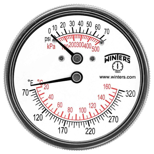 Winters TTD Series Steel Dual Scale Tridicator Thermometer with 2" Stem, 0-75psi/kpa, 2-1/2" Dial Display, ±3-2-3% Accuracy, 1/4" NPT Extension Back, 70-320 Deg F/C